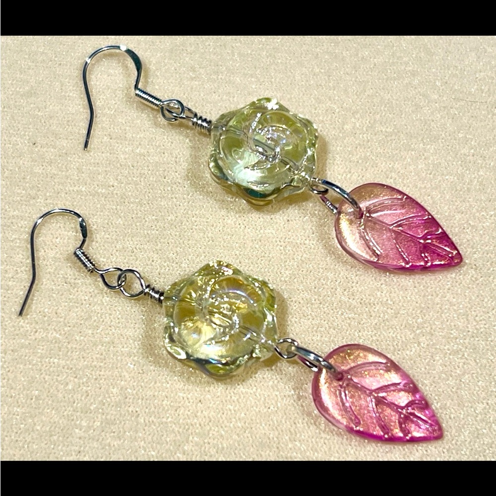 New Gorgeous Czech Glass Magnolia Earrings With 925 Silver French Wire Hooks